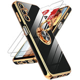 For Samsung Galaxy A14-5G Phone Case: 2 Pack Tempered Glass Screen Protector And 360° Rotatable Ring Magnetic Kickstand, Plating Rose Gold Edge Cell Android Basic Funda Para A 14 5G Cover, Black