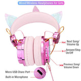 Kids Unicorn Headphones For Girls Wireless Bluetooth Headset With Mic, Adjustable Headband, Over Ear For Smartphones/School/Kindle/Tablet/Pc (Pink)