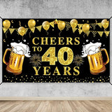 Cheers to 40 Years Backdrop: Black & Gold Anniversary Banner (72.8"x43.3")