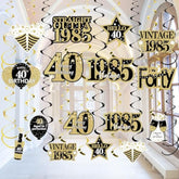 40th Birthday Hanging Swirl Decorations: Black & Gold 1985 Vintage Theme