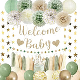 51pcs Sage Green Baby Shower Decor Set with Balloons, Banner, Cake Topper & More