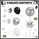 Black Silver Disco Ball Balloon Arch Kit with Foil and Star Balloons for Party