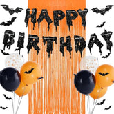 Halloween Birthday Party Decorations Glitter Banner Foil Curtain Black Orange Balloons Bat Stickers