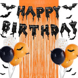 Halloween Birthday Party Decorations Glitter Banner Foil Curtain Black Orange Balloons Bat Stickers