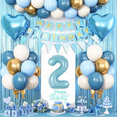 2Nd Birthday Decorations Blue White Gold, 25Pcs Balloons, Banner, Fringe Curtain, Heart Foil Balloons, Cake Topper, Boys Girls 2 Year Old Birthday Decor