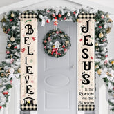 Christmas Jesus Door Banner Porch Sign Jesus Is The Reason For The Season Religious Hanging Decorations Xmas Nativity Scene Black White Buffalo Plaid Banner Flag For Holiday Home Outdoor Wall
