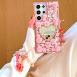 For Samsung Galaxy S25 Ultra Glitter Bling Case,Cute 3D Sparkle Heart Makeup Mirror Crystal Rhinestone Flowers Diamond Gems With Lanyard Wrist Strap Women Girls Case For Galaxy S25 Ultra,Pink