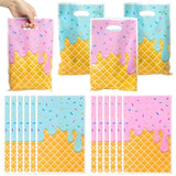 Ice Cream Party Favor Bags - 50Pcs Plastic Sweet Candy Goodie Treat Gift Bag With Handles Cute Summer Ice Cream Theme Birthday Party Supplies Baby Shower Wedding Decor