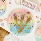96Pcs Happy Birthday Plates And Napkins Party Supplies, Colorful And Gold Disposable Paper Plates And Napkins With Forks Tableware Set For 24 Guests
