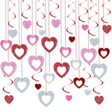 48 Pcs Valentine'S Day Decorations Glitter Valentines Heart Garland Ornament Red Pink Silver Heart Hanging Swirls Ceiling Decorations For Valentines Day Galentines Day Party Supplies