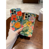For Iphone 14 Pro Max Case, Colorful Retro Oil Painting Printed Flower Laser Glossy Pattern Cute Curly Wave Edge Exquisite Phone Cover Stylish Durable Tpu Protective Case (Purple Yellow White)