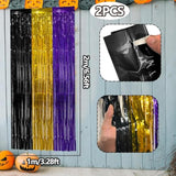 2 Pack Purple Gold Black Foil Fringe Curtains 3.28x6.56ft Backdrop Halloween Decor