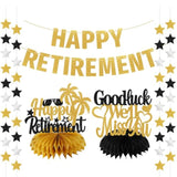 Happy Retirement Party Decorations For Men Women, 4Pcs Happy Retirement Gold Glitter Banner, Black Gold Retired Hanging Sign Party Supplies, Retired Farewell Party Table Centerpieces Kit