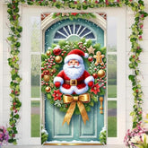 Santa Wreath Door Cover 71X35 Inch Christmas Banner For Front Door Outdoor Indoor Decorations Large Holiday Backdrop With Arched Door Gold Bow Berries Gingerbread Ornaments Festive Decor