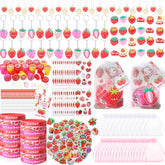 146 Pcs Lovely Strawberry Party Favors Includes Pendant Keychain Silicone Ring Bracelet Stickers Party Tags Organza Bag Stampers For Baby Shower Birthday Party Class Reward