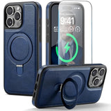 For Iphone 16 Pro Case With Stand Compatible With Magsafe Slim Pu Leather & Durable Tpu Drop Proof Magnetic Kickstand Protective Phone Cover With Tempered Glass Screen Protector 6.3", Blue
