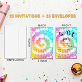 Tie Dye Birthday Invitations For Kids Girls Boys, Tie Dye Birthday Party Invitation Cards, Birthday Party Decor Supplies - 20 Fill In Invitations With Envelopes (D04)