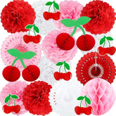 Cherry Party Decorations Hanging Paper Honeycomb Cherry Themed Party Decorations With Paper Pom Poms Honeycomb Balls,Party Supplies For Baby Shower Birthday Party Wedding