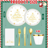 210 Pcs Christmas Plastic Dinnerware Sets Merry Christmas Party Supplies Disposable Plates Cups Napkins Forks Knives Spoons Sets(White, Gold)