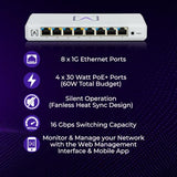 S8-Poe | 8 Port Multi-Gigabit Managed Ethernet Switch With 4 Poe+ Ports | 60W Poe Budget | Desktop Or Wall Mount | Manage Network Via Cloud Or Local Controller | Ethernet Splitter