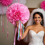 Pink Paper Pom Poms - 10",12" Tissue Pom Poms Decorations for Bachelorette Baby Shower Girl Party Hanging Decor - 12 Piece Set