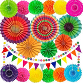 Cinco De Mayo Fiesta Party Decorations - Multi-Color Hanging Paper Fan, Tissue Paper Pom Poms, Circle Dots Garland, Triangle Pennant For Mexican Birthday Decorations