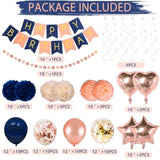 Navy Rose Gold Birthday Decorations 61 Pieces Balloon Kit With Foil Balloons,Flower Pompoms,Round String Suit For 1St 16Th 21Th 25Th 30Th 35Th 40Th, Women Grils Navy Rose Gold Birthday Party1