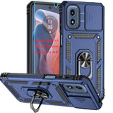 Motorola G Play 2024 4G Blue Case with Sliding Camera Lens Cover and 360° Rotatable Kickstand Ring, Soft Silicone Rubber Bumper and Hard Plastic Phone Case with HD Screen Protector
