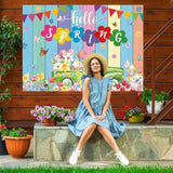 Hello Spring Banner Backdrop 6X4Ft Spring Truck Tulips Flowers Colorful Wood Photography Background Springs Easter Party Decorations Photo Props