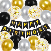 Black Happy Birthday Banner Party Decoration Set, Black Gold Birthday Decoration, 16 Pcs 12In Happy Birthday Balloons With 2 Ribbons For For Women Men Boys Girls Any Ages Birthday Party Decoration