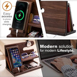 TESLYAR Wood Phone Docking Station for Men - Desktop or Nightstand Organizer - Birthday Gifts for Men, Dad - Anniversary Idea from Wife - Key Holder, Stand Wallet, Watch & Essentials (Antique Brown)