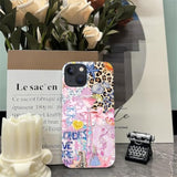 Cute iPhone 13 14 Case, Aesthetic Dual Layer Shockproof Phone Cover for Women Girls, Pink Blue Leopard Collage