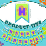 Car & Dog Cartoon Hippie Birthday Banner for Kids’ Blue/Green Party Decor