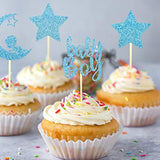 24 Pcs Baby Shower Boy Cupcake Toppers With Moon Star Blue Glitter Cupcake Picks Boys Birthday Party Supplies