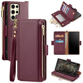Compatible With Samsung Galaxy S25 Ultra Wallet Case With Card Holder,Pu Leather Phone Case Flip Protective Cover Rfid Blocking Wrist Strap Credit Card Slots Kickstand Men Women,Wine Red