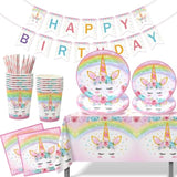 Unicorn Birthday Decorations For Girls - 82 Pcs Rainbow Unicorn Party Supplies Include Disposable Tableware, Tablecloths And Banners, Pink Floral Birthday Party Decor Serves 16