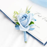 Light Blue Corsage And Boutonniere Set For Wedding Prom, Artificial Rose Babysbreath Flower Wrist Corsage Bracelets, Homecoming Corsage Wristlet, Boutonniere For Men Wedding Suit Decorations
