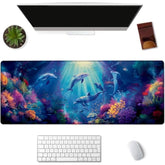 Adorable Dolphin Gaming Mouse Pad Extended Desk Computer Keyboard Laptop Vibrant Ocean Coral Mouse Pads For Home Office Work, Large Long Desk Mat Mousepad With Non-Slip Rubber Base 31.5×11.8Inch