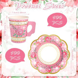 200 Pcs Floral Paper Tea Cups And Saucers 9 Oz Disposable Tea Party Cups Bulk With Handle And Plates For Tea Party Decoration Baby Shower Bridal Wedding Birthday