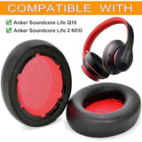 Life Q10 Ear Pads Replacement Ear Cushion Foam Soft Earpads Compatible With Anker Soundcore Life Q10 / Q10 Bt/Life 2 Neo Bluetooth Headphones Ear Cushion (Black/Red)