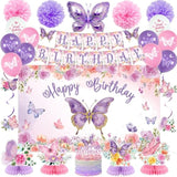 Butterfly Decorations, 37Pcs Happy Birthday Banner Balloons Honeycomb Centerpieces Cake Topper Kit, Purple And Pink Party Decorations