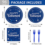 96Pcs Retirement Party Supplies – Blue Happy Retirement Plates & Napkins Set for 24 Guests