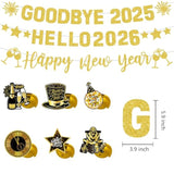 Gold Glitter Goodbye 2025 Hello 2026 Banner for New Year’s Eve Party Decor