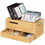 Bamboo Charging Station Organizer: 2 Layer Charger Holder with Drawer for Office Home - Electronic Docking Stand for Multiple Devices, Tablets, Phones