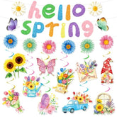 22Pcs Spring Party Decorations, Hello Spring Decor With Hello Spring Banner Garland Hanging Swirls Butterfly Flowers Hanging Decorations Spring Decorations For Office Home Office Classroom