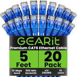 GearIT Cat 6 Ethernet Cable 5 ft (20-Pack) - Cat6 Patch Cable, Cat 6 Patch Cab