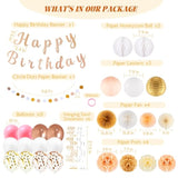 Rose Gold Happy Birthday Party Decorations-33Pcs Happy Birthday Banner, Circle Dots Garland, Paper Lantern, Hanging Swirl Streamers, Fan, Paper Poms, Honeycom Ball And Balloons, Photo Background Decor