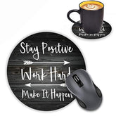 Round Mouse Pad With Coasters Set, Rustic Old Wood Inspirational Quote Stay Positive Work Hard And Make It Happen Design Mouse Pad, Non-Slip Rubber Base Mouse Pads For Laptop And Computer
