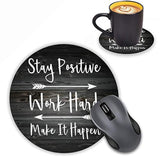 Round Mouse Pad With Coasters Set, Rustic Old Wood Inspirational Quote Stay Positive Work Hard And Make It Happen Design Mouse Pad, Non-Slip Rubber Base Mouse Pads For Laptop And Computer