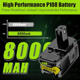 2Packs 8.0Ah Battery Compatible With Ryobi 18V Battery P108 P102 P103 P104 P105 P107 P109 P122 P145 Replacement Ryobi Batteries